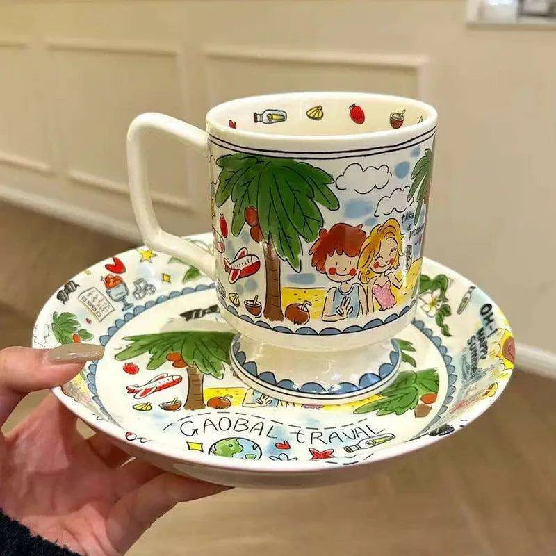 Whimsical Handcrafted French Coffee Cup and Saucer Set for Kids - Adorable Cartoon Design, Ideal for Breakfast and Tea Gifts - Très Elite