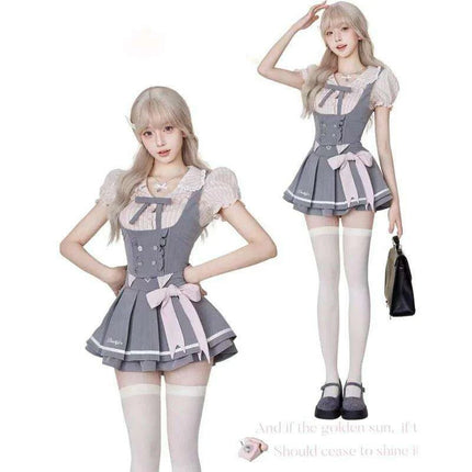 Whimsical Kawaii Dress Set with Elegant Lace Features and Chic Folded Top - Inspired by Japanese Campus Fashion - Très Elite