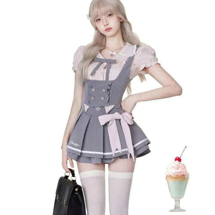 Whimsical Kawaii Dress Set with Elegant Lace Features and Chic Folded Top - Inspired by Japanese Campus Fashion - Très Elite