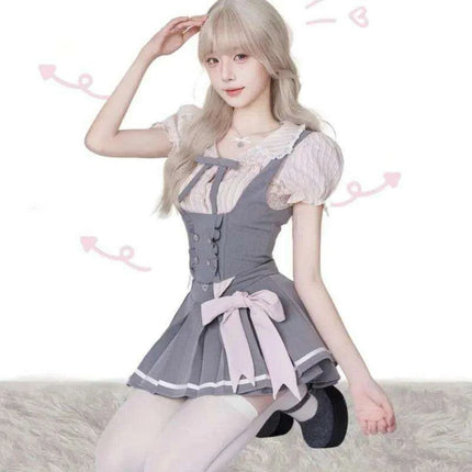 Whimsical Kawaii Dress Set with Elegant Lace Features and Chic Folded Top - Inspired by Japanese Campus Fashion - Très Elite
