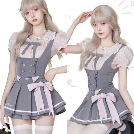 Whimsical Kawaii Dress Set with Elegant Lace Features and Chic Folded Top - Inspired by Japanese Campus Fashion - Très Elite