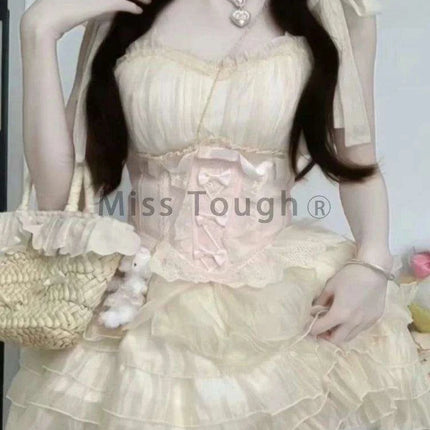 Whimsical Kawaii Off-Shoulder Summer Dress with Adorable Bow and Lace-Up Details for Women - Playful Patchwork Style - Très Elite