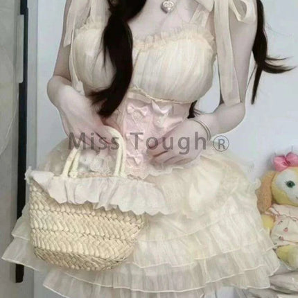 Whimsical Kawaii Off-Shoulder Summer Dress with Adorable Bow and Lace-Up Details for Women - Playful Patchwork Style - Très Elite