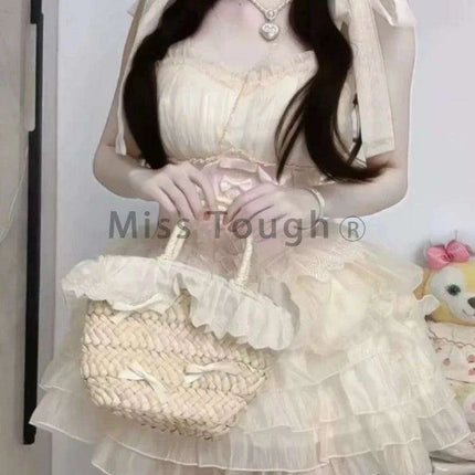 Whimsical Kawaii Off-Shoulder Summer Dress with Adorable Bow and Lace-Up Details for Women - Playful Patchwork Style - Très Elite