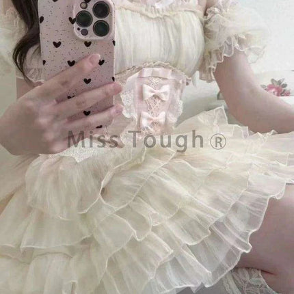 Whimsical Kawaii Off-Shoulder Summer Dress with Adorable Bow and Lace-Up Details for Women - Playful Patchwork Style - Très Elite