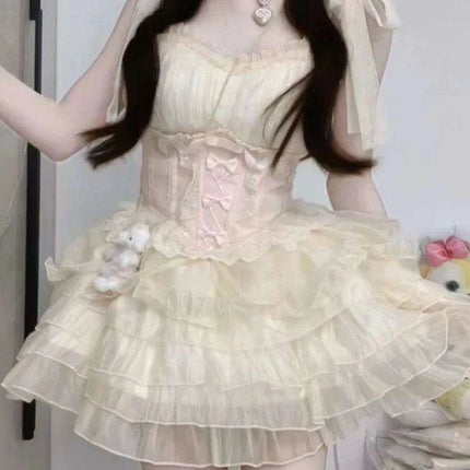Whimsical Kawaii Off-Shoulder Summer Dress with Adorable Bow and Lace-Up Details for Women - Playful Patchwork Style - Très Elite