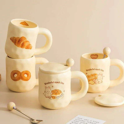 Whimsical Korean Cartoon Ceramic Mug Set with Lid and Spoon - Playful Drinkware Delight - Très Elite