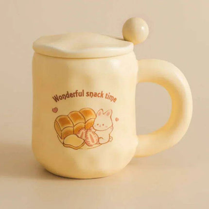 Whimsical Korean Cartoon Ceramic Mug Set with Lid and Spoon - Playful Drinkware Delight - Très Elite