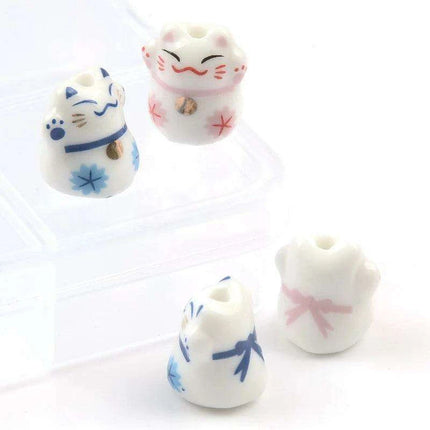 Whimsical Lucky Cat Ceramic Beads Set for Unique Jewelry Creations - 4 Pieces (13x14mm) - Très Elite