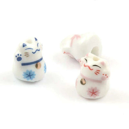 Whimsical Lucky Cat Ceramic Beads Set for Unique Jewelry Creations - 4 Pieces (13x14mm) - Très Elite