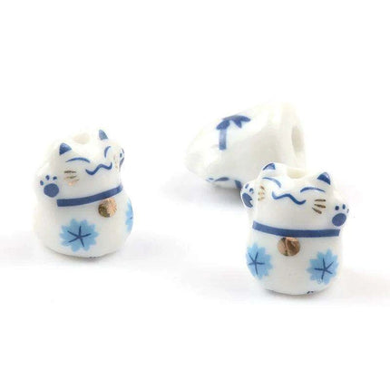 Whimsical Lucky Cat Ceramic Beads Set for Unique Jewelry Creations - 4 Pieces (13x14mm) - Très Elite
