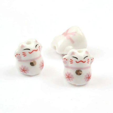 Whimsical Lucky Cat Ceramic Beads Set for Unique Jewelry Creations - 4 Pieces (13x14mm)..