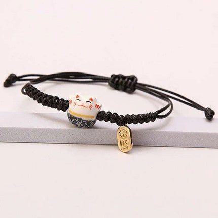 Whimsical Rainbow Braided Lucky Cat Bracelet - Adjustable Ceramic Good Fortune Jewelry - Très Elite