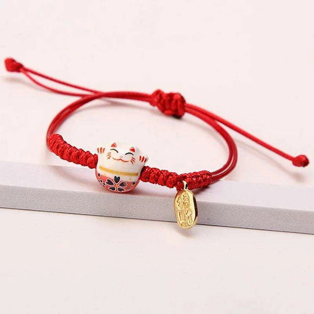 Whimsical Rainbow Braided Lucky Cat Bracelet - Adjustable Ceramic Good Fortune Jewelry