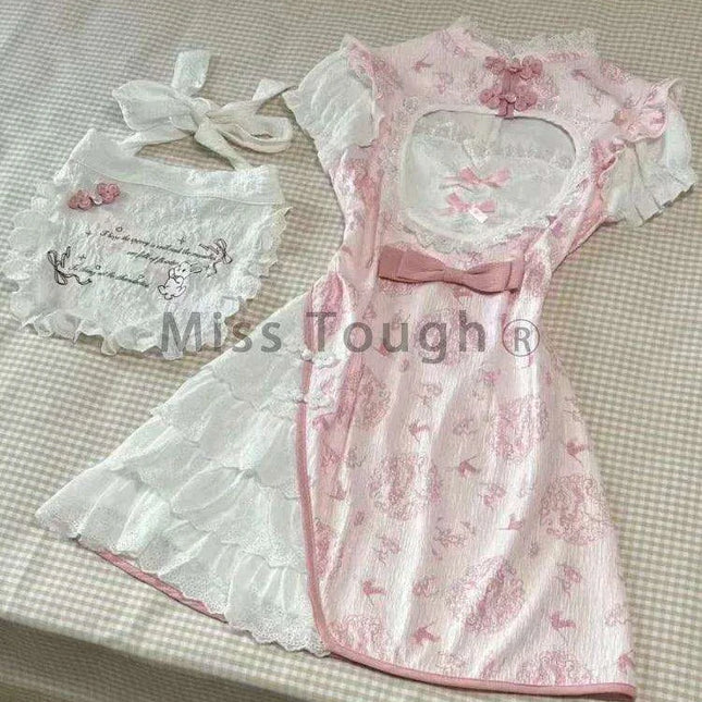 Whimsical Vintage Floral Ruffle Dress with Elegant Bow Detail for Women