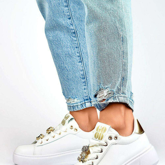 White Eco-Leather Athletic Shoes with Adjustable Fit