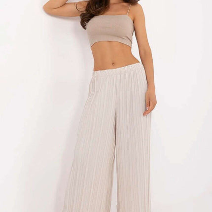 Women Beige Textured High Rise Trousers 213273 Elastic - Très Elite