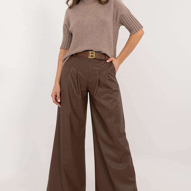Women Eco Leather Pants 202891 in Brown Polyester Blend - Très Elite