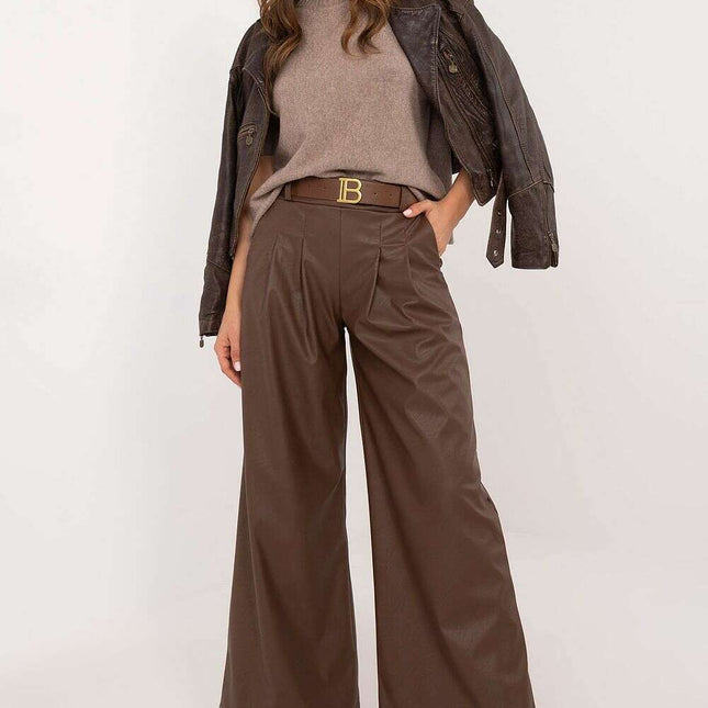 Women Eco Leather Pants 202891 in Brown Polyester Blend - Très Elite