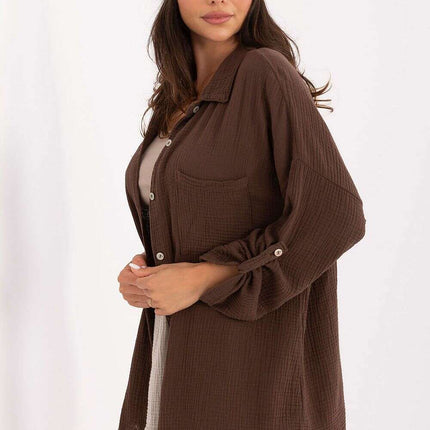 Women Long Sleeve Cotton Shirt 215499 Loose Fit Brown - Très Elite