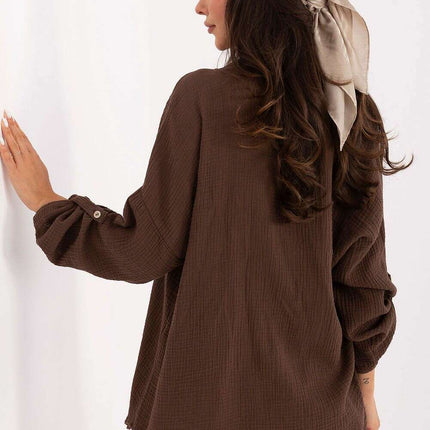 Women Long Sleeve Cotton Shirt 215499 Loose Fit Brown - Très Elite