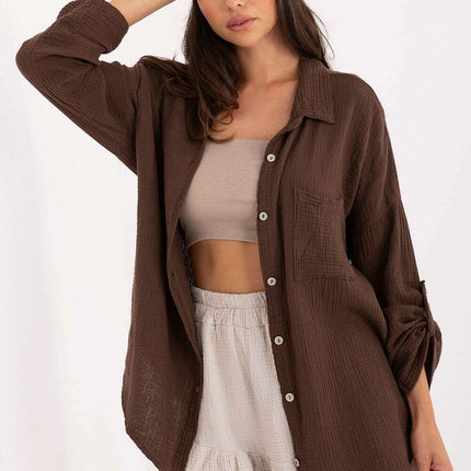 Women Long Sleeve Cotton Shirt 215499 Loose Fit Brown - Très Elite