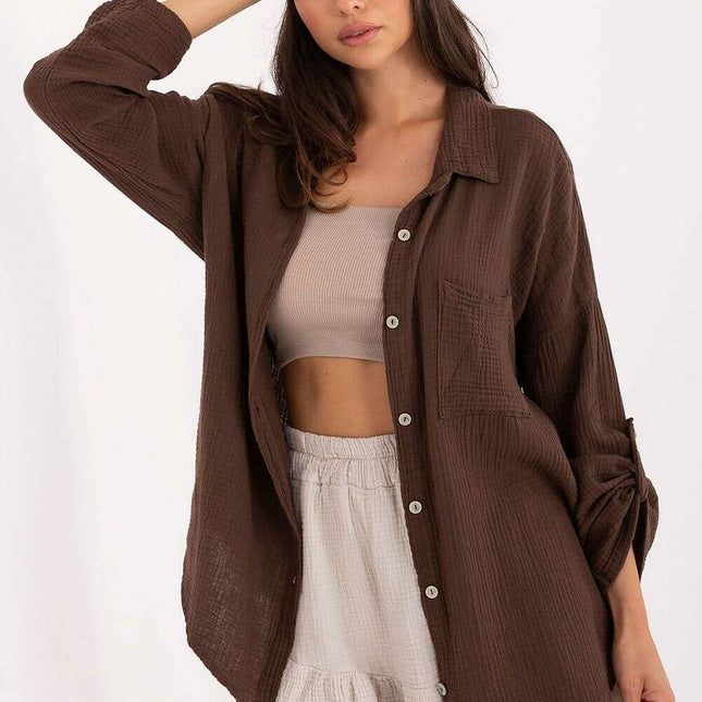 Women Long Sleeve Cotton Shirt 215499 Loose Fit Brown
