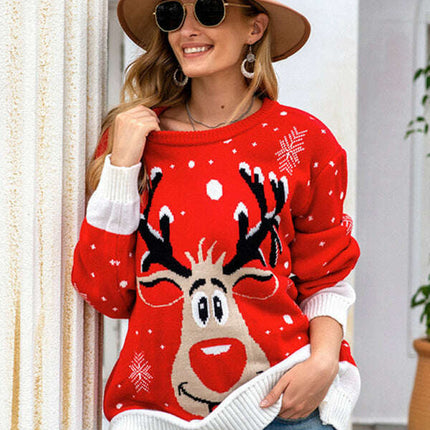 Women Reindeer Pattern Knit Holiday Sweater - Très Elite