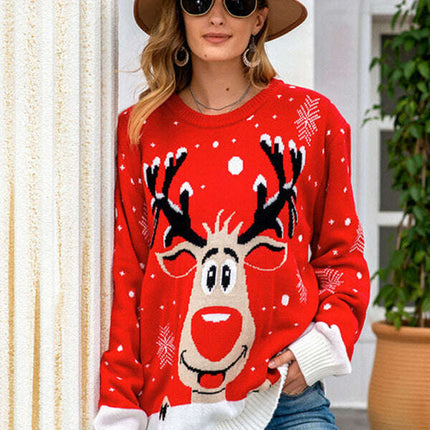 Women Reindeer Pattern Knit Holiday Sweater - Très Elite