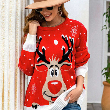 Women Reindeer Pattern Knit Holiday Sweater - Très Elite