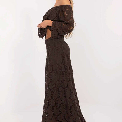 Women Trousers 214294 Lace Palazzo Pants Brown Lace Overlay - Très Elite