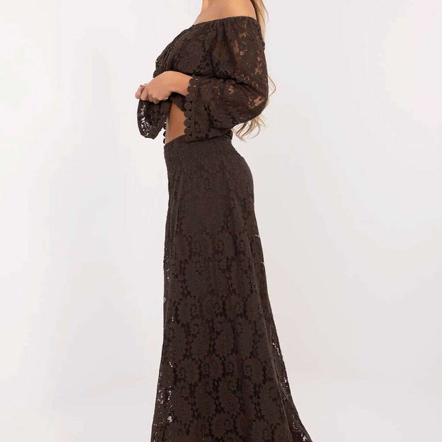 Women Trousers 214294 Lace Palazzo Pants Brown Lace Overlay