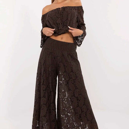 Women Trousers 214294 Lace Palazzo Pants Brown Lace Overlay - Très Elite