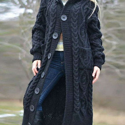 Women Woolen Knit Button Long Cardigan