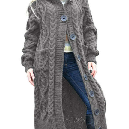 Women Woolen Knit Button Long Cardigan