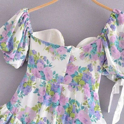 Eclectic Elegance: Lace-Trim Asymmetrical Puff Sleeve Boho Dress