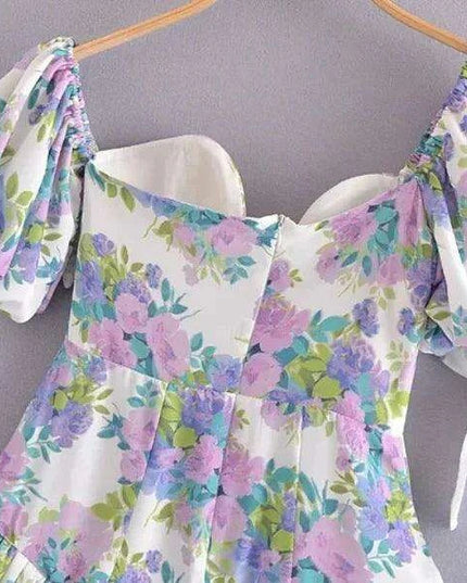 Eclectic Elegance: Lace-Trim Asymmetrical Puff Sleeve Boho Dress