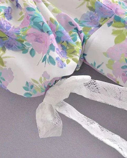 Eclectic Elegance: Lace-Trim Asymmetrical Puff Sleeve Boho Dress