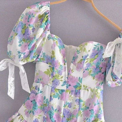 Eclectic Elegance: Lace-Trim Asymmetrical Puff Sleeve Boho Dress