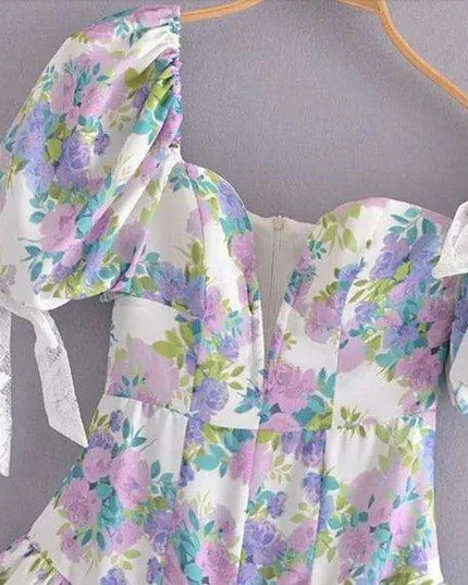 Eclectic Elegance: Lace-Trim Asymmetrical Puff Sleeve Boho Dress