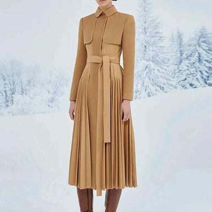 Women's Autumn Evening Dress with Adjustable Waist and Pleated Skirt - Très Elite