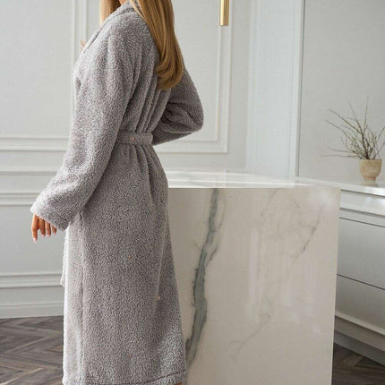 Women's Bathrobe with Embroidered Stars – Soft Fluffy Knit, Shawl Collar - Très Elite
