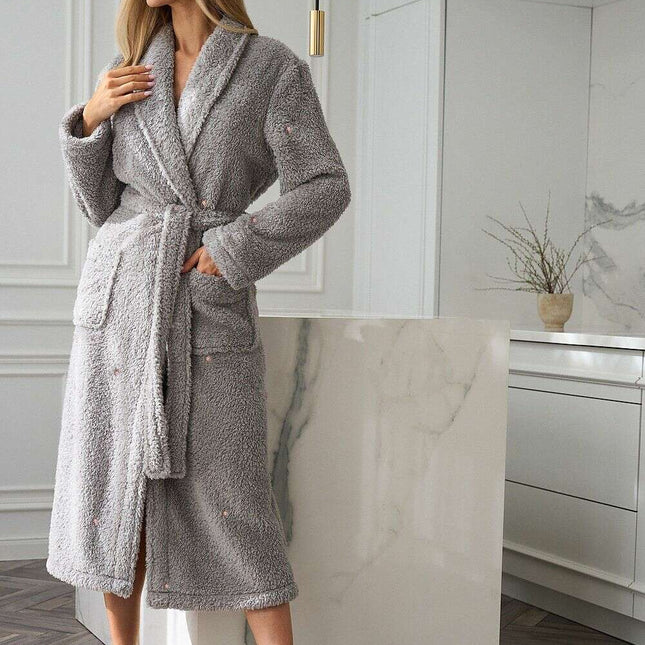 Women's Bathrobe with Embroidered Stars – Soft Fluffy Knit, Shawl Collar - Très Elite