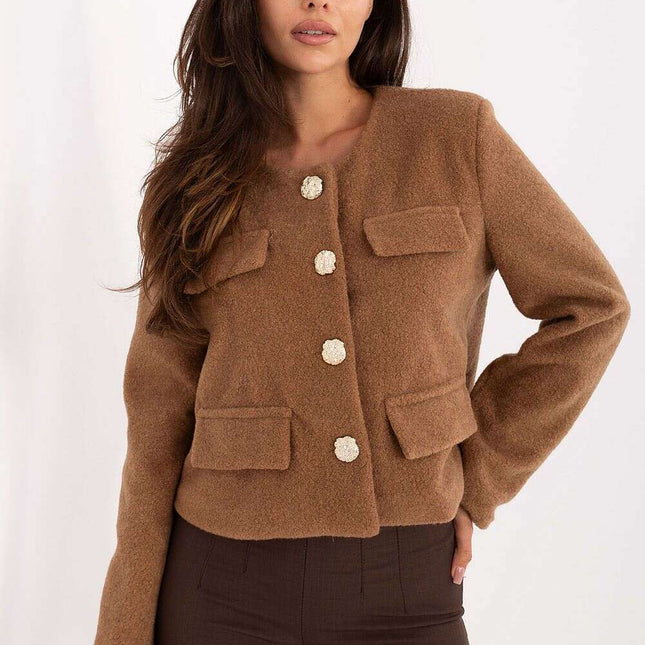 Womens Brown Short Jacket With Lining And Button Closure