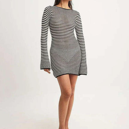 Women's Chic Striped Knit Mini Dress - High Waist Long Sleeve Style for Autumn/Winter - Très Elite
