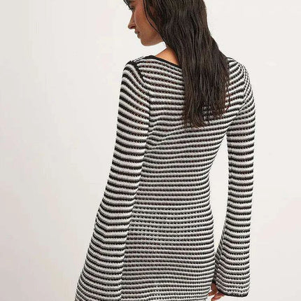 Women's Chic Striped Knit Mini Dress - High Waist Long Sleeve Style for Autumn/Winter - Très Elite