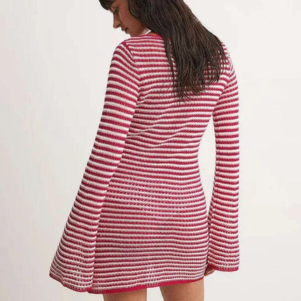 Women's Chic Striped Knit Mini Dress - High Waist Long Sleeve Style for Autumn/Winter - Très Elite