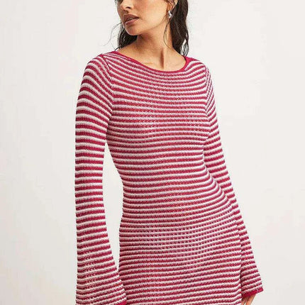 Women's Chic Striped Knit Mini Dress - High Waist Long Sleeve Style for Autumn/Winter - Très Elite