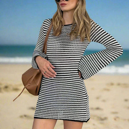 Women's Chic Striped Knit Mini Dress - High Waist Long Sleeve Style for Autumn/Winter - Très Elite