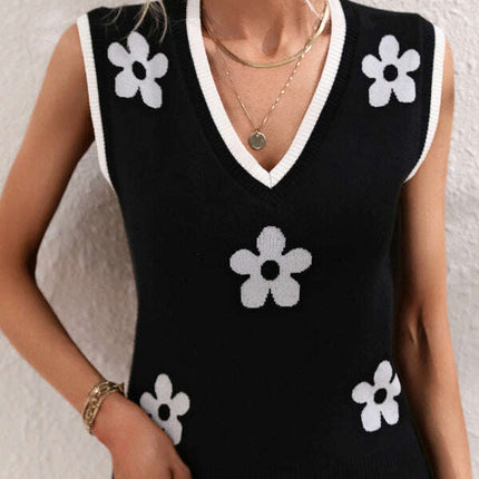 Women's Contrasting Color Jacquard V-Neck Sleeveless Knit Tank Top